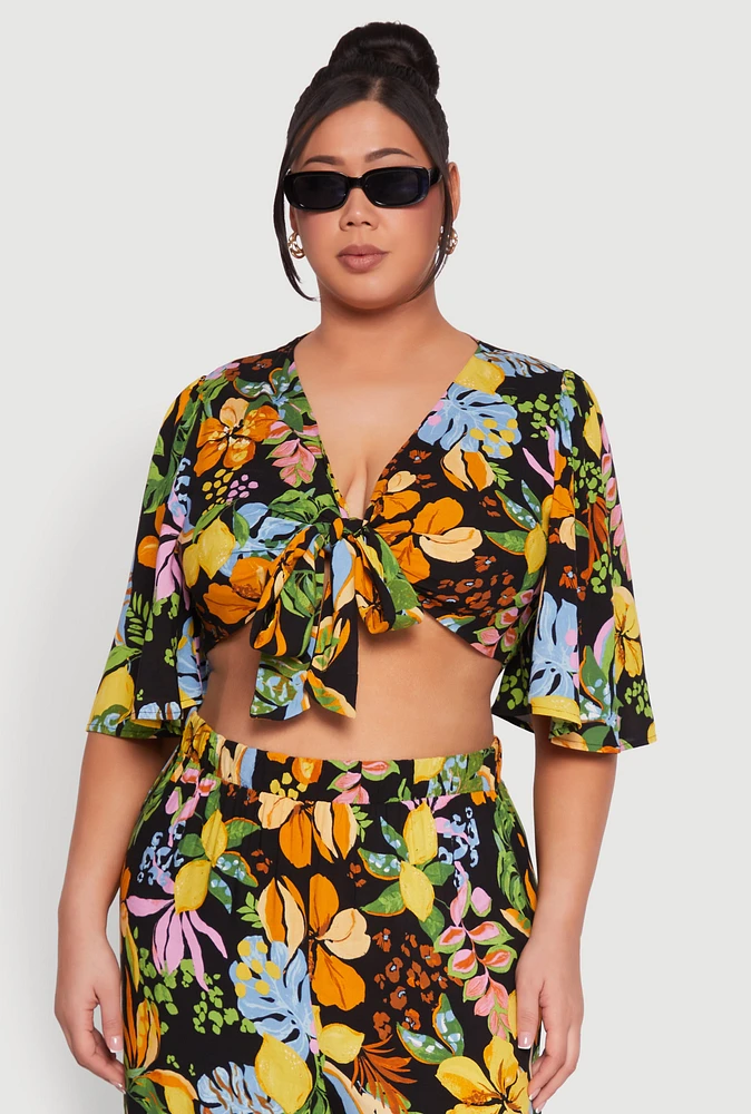 Womens Plus Size Tropical Floral Tie Front Crop Top, Multi, Size 3X