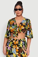 Womens Plus Size Tropical Floral Tie Front Crop Top, Multi, Size 3X