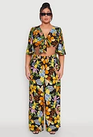 Womens Plus Size Tropical Floral Tie Front Crop Top, Multi, Size 3X