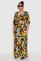 Womens Plus Size Tropical Floral Tie Front Crop Top, Multi, Size 3X