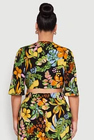 Womens Plus Size Tropical Floral Tie Front Crop Top, Multi, Size 3X
