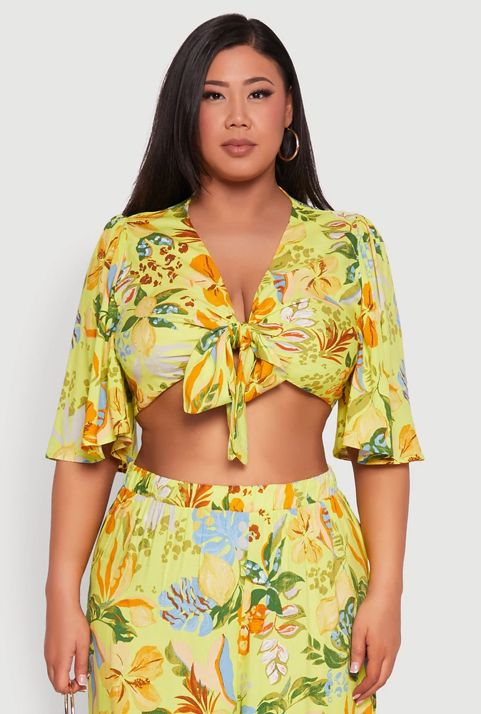 Womens Plus Size Tropical Floral Tie Front Crop Top, Green, Size 3X
