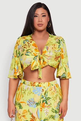 Womens Plus Size Tropical Floral Tie Front Crop Top, Green, Size 3X