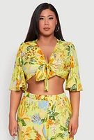 Womens Plus Size Tropical Floral Tie Front Crop Top, Green, Size 3X