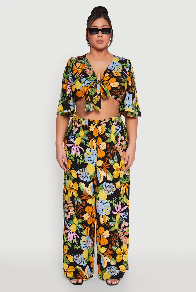 Womens Plus Size Tropical Floral Palazzo Pants, Multi, Size 3X