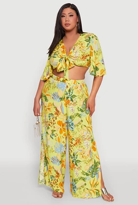 Womens Plus Size Tropical Floral Palazzo Pants, Green, Size 2X