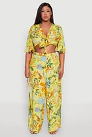 Womens Plus Size Tropical Floral Palazzo Pants, Green, Size 2X