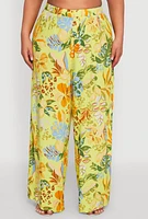 Womens Plus Size Tropical Floral Palazzo Pants, Green, Size 2X
