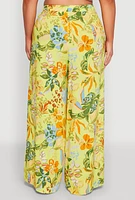 Womens Plus Size Tropical Floral Palazzo Pants, Green, Size 2X