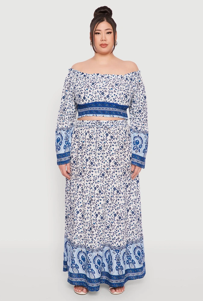 Womens Plus Size Gauze Knit Floral Print Maxi Skirt, Blue, Size 1X