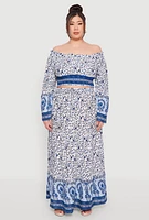 Womens Plus Size Gauze Knit Floral Print Maxi Skirt, Blue, Size 1X