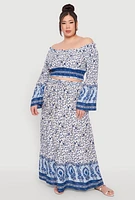 Womens Plus Size Gauze Knit Floral Print Maxi Skirt, Blue, Size 1X