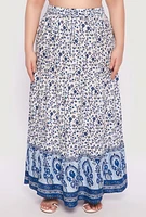 Womens Plus Size Gauze Knit Floral Print Maxi Skirt, Blue, Size 2X