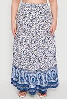 Womens Plus Size Gauze Knit Floral Print Maxi Skirt, Blue, Size 1X