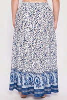 Womens Plus Size Gauze Knit Floral Print Maxi Skirt, Blue, Size 2X