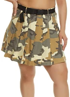 Womens Plus Size Printed Buckle Belt Pleated Skirt, Green, Size 3X