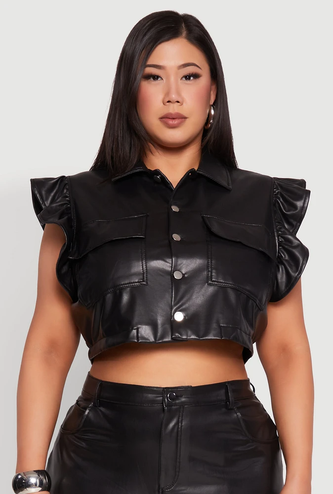 Womens Plus Size Flutter Sleeve Faux Leather Jacket, Black, Size 3X