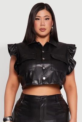 Womens Plus Size Flutter Sleeve Faux Leather Jacket, Black, Size 3X
