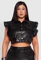 Womens Plus Size Flutter Sleeve Faux Leather Jacket, Black, Size 3X