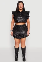Womens Plus Size Flutter Sleeve Faux Leather Jacket, Black, Size 3X