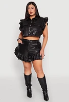 Womens Plus Size Flutter Sleeve Faux Leather Jacket, Black, Size 3X