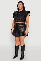 Womens Plus Size Flutter Sleeve Faux Leather Jacket, Black, Size 3X