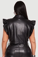 Womens Plus Size Flutter Sleeve Faux Leather Jacket, Black, Size 3X