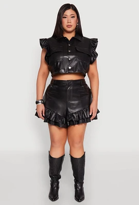 Womens Plus Size Faux Leather Ruffle Trim Shorts, Black, Size 3X