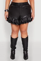 Womens Plus Size Faux Leather Ruffle Trim Shorts, Black, Size 3X
