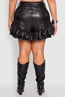 Womens Plus Size Faux Leather Ruffle Trim Shorts, Black, Size 3X