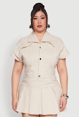 Womens Plus Pinstripe Hyperstretch Crop Top, Beige,