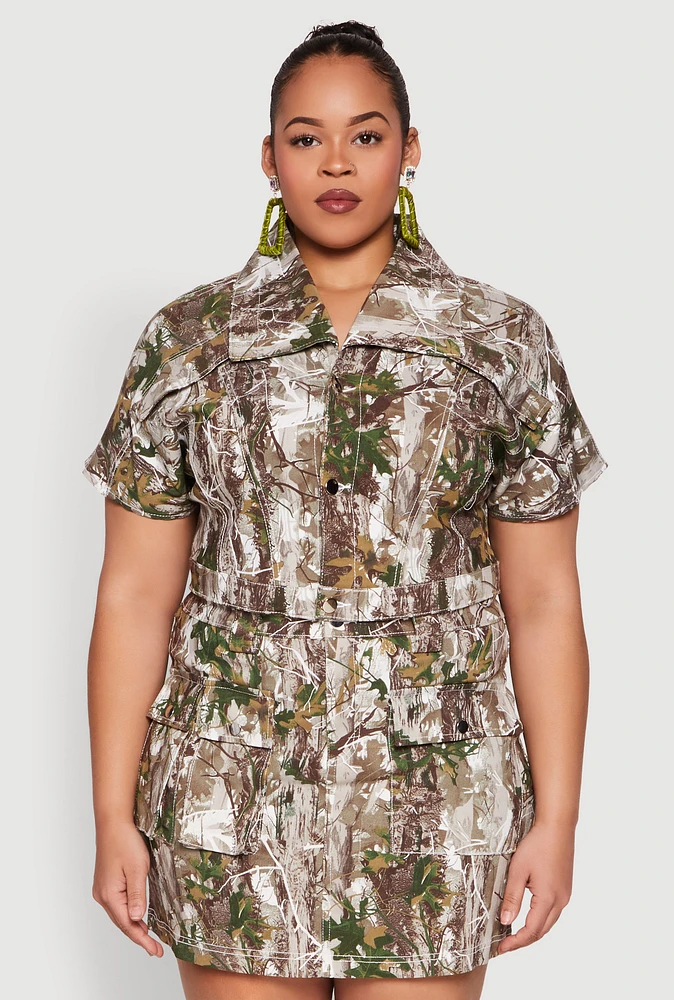 Womens Plus Size Hunter Camo Print Short Sleeve Cropped Jacket, Multi, Size 3X