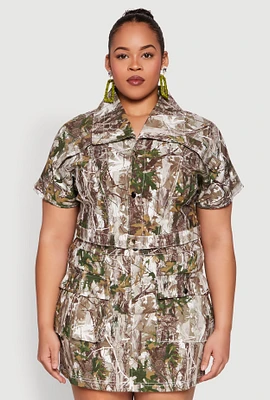 Womens Plus Size Hunter Camo Print Short Sleeve Cropped Jacket, Multi, Size 3X