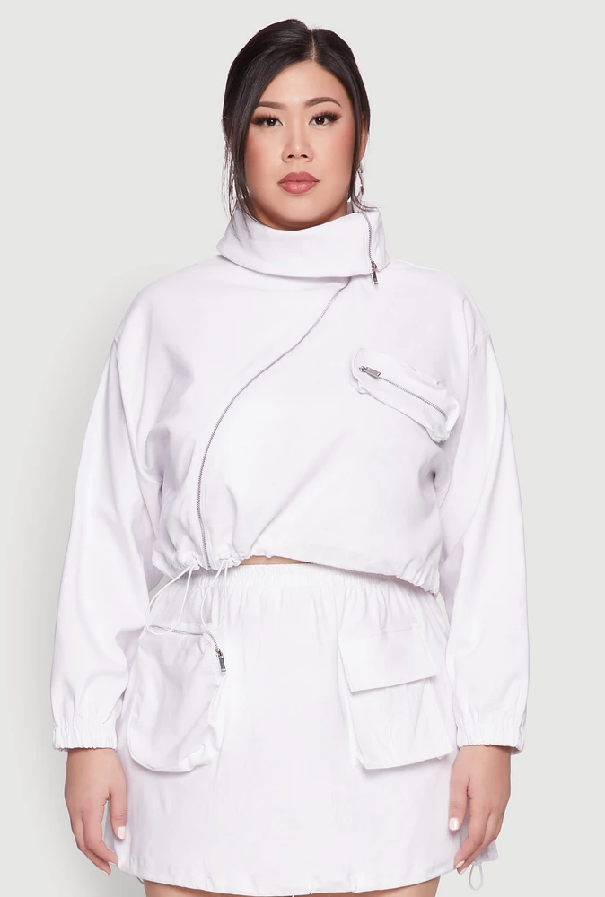 Womens Plus Size Hyperstretch Asymmetrical Zip Front Jacket, White, Size 2X