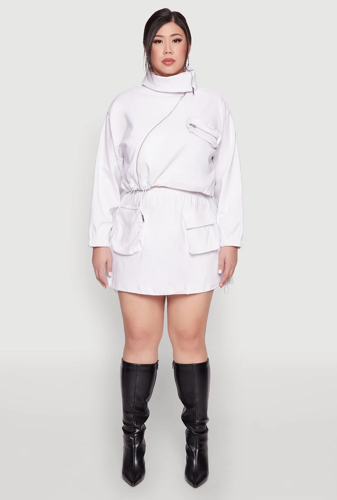 Womens Plus Hyperstretch Cargo Pocket Mini Skirt, White,