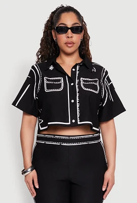 Womens Plus Size 2D Optical Illusion Cropped Shirt, Black, Size 1X