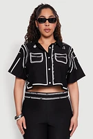 Womens Plus Size 2D Optical Illusion Cropped Shirt, Black, Size 1X