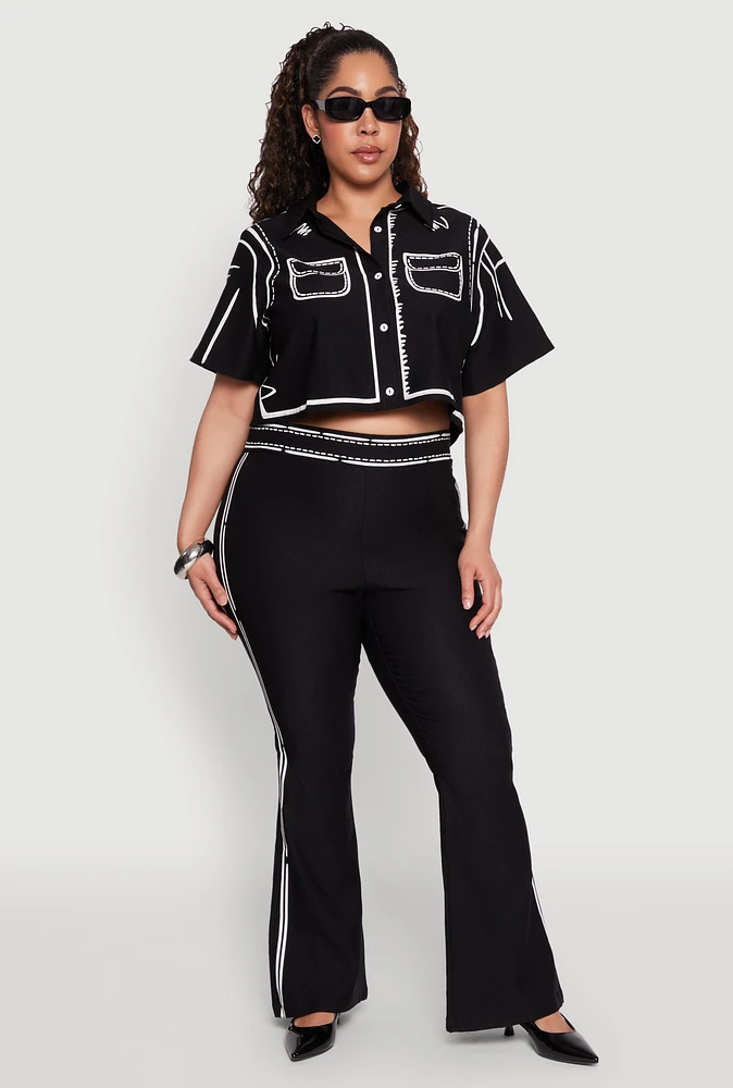 Womens Plus Size 2D Optical Illusion Flare Pants, Black, Size 2X
