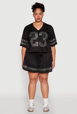 Womens Plus Rhinestone Studded Jersey Mesh Shorts,