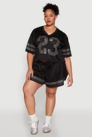 Womens Plus Rhinestone Studded Jersey Mesh Shorts,