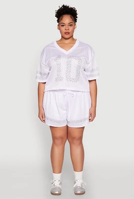 Womens Plus Rhinestone Studded Jersey Mesh Shorts, White,