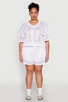 Womens Plus Rhinestone Studded Jersey Mesh Shorts, White,