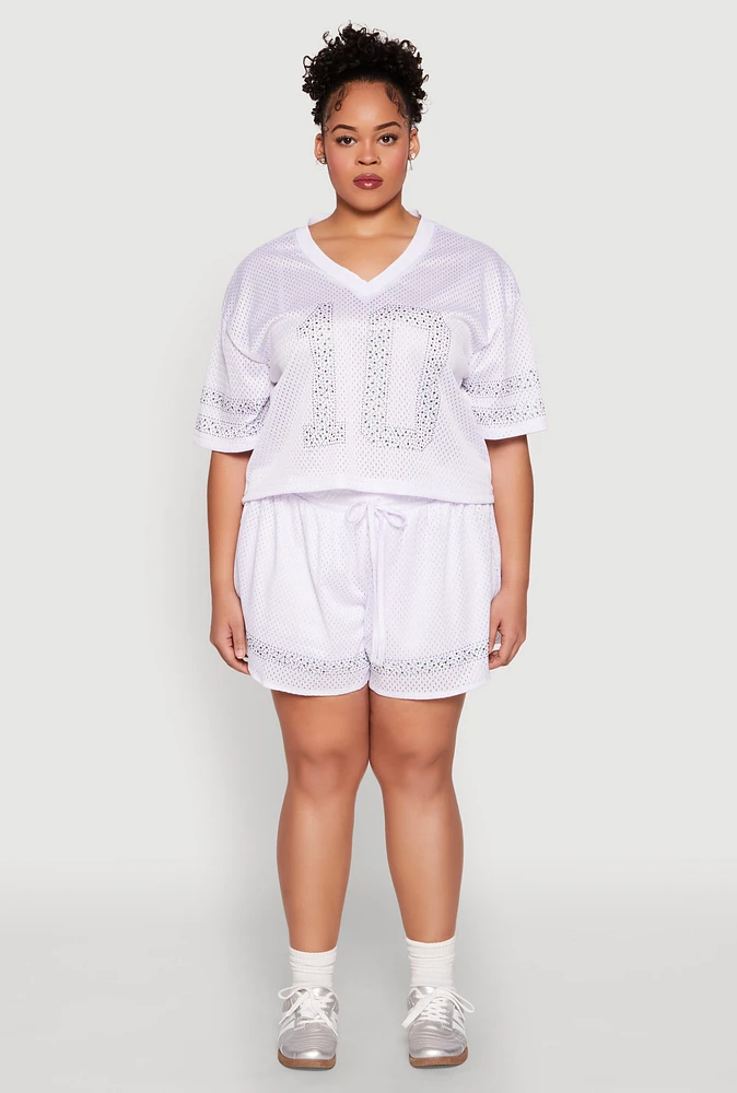 Womens Plus Size Rhinestone Studded Jersey Mesh Shorts, White, Size 3X
