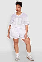 Womens Plus Rhinestone Studded Jersey Mesh Shorts, White,