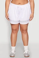Womens Plus Rhinestone Studded Jersey Mesh Shorts, White,