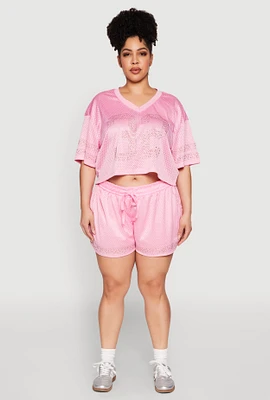 Womens Plus Rhinestone Studded Jersey Mesh Shorts,