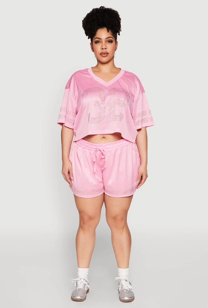 Womens Plus Size Rhinestone Studded Jersey Mesh Shorts, Pink, Size 1X