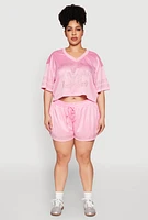 Womens Plus Size Rhinestone Studded Jersey Mesh Shorts, Pink, Size 1X