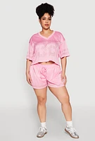 Womens Plus Size Rhinestone Studded Jersey Mesh Shorts, Pink, Size 1X