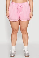 Womens Plus Size Rhinestone Studded Jersey Mesh Shorts, Pink, Size 1X